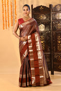 Brown Checked Kanjivaram Silk Saree With Double Border