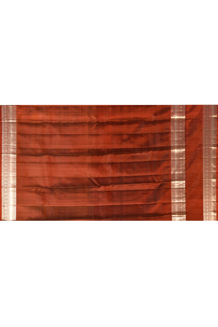 Brown Checked Kanjivaram Silk Saree With Double Border