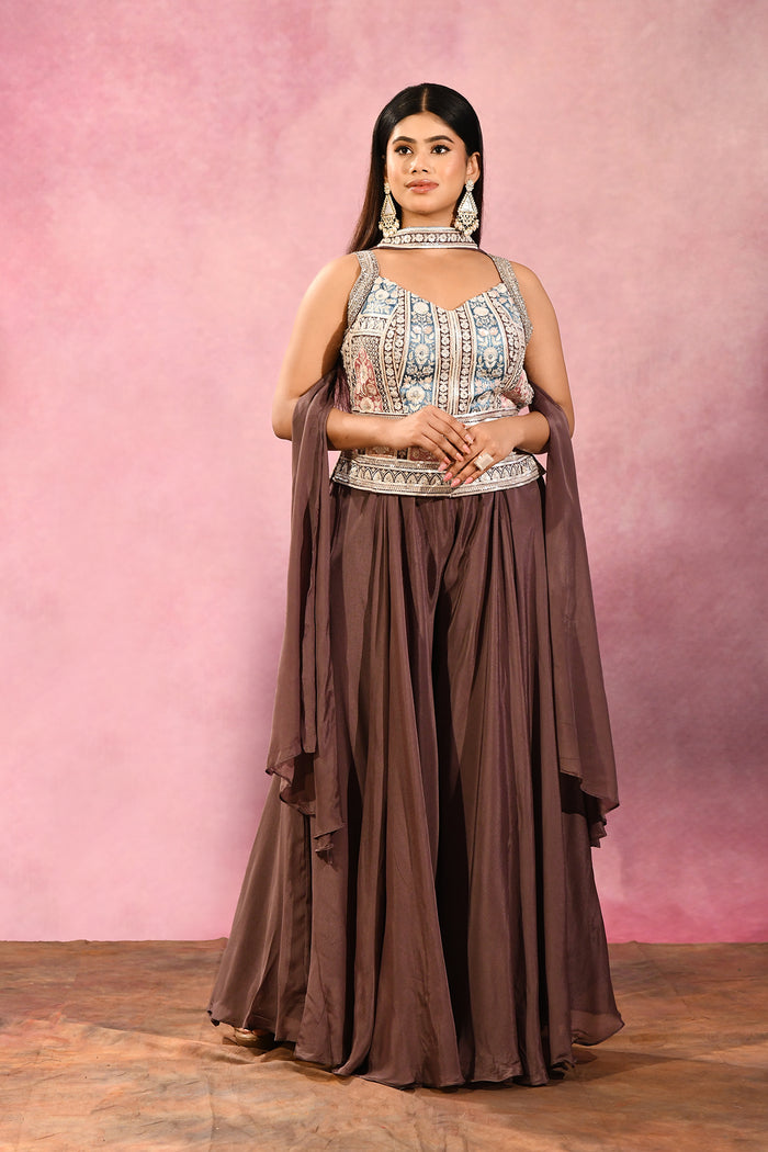 Brown Embroidered Blend Silk Choli Set