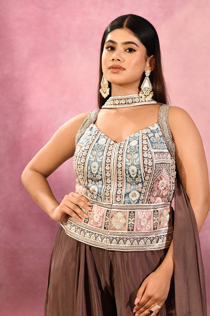 Brown Embroidered Blend Silk Choli Set