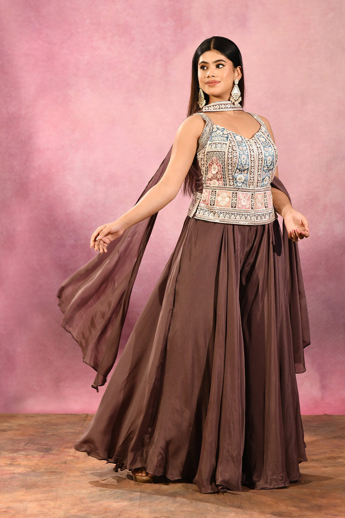 Brown Embroidered Blend Silk Choli Set