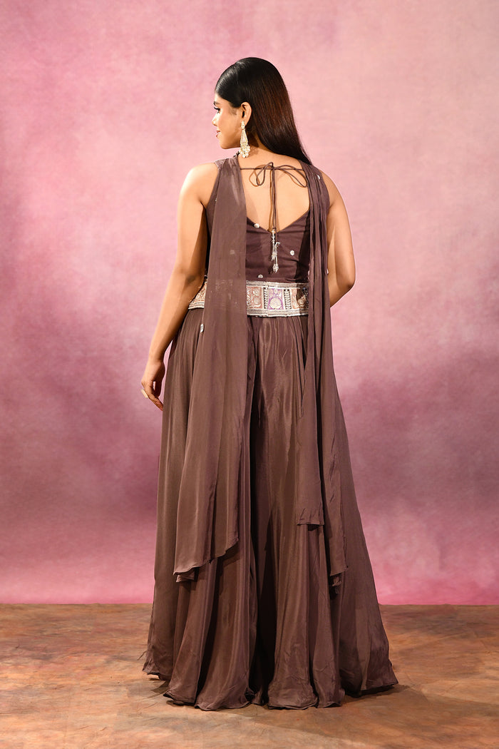 Brown Embroidered Blend Silk Choli Set