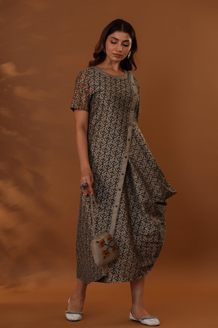 <img> Brown Handcrafted One Side Drape Cotton Silk Chola Dress