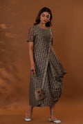 <img> Brown Handcrafted One Side Drape Cotton Silk Chola Dress