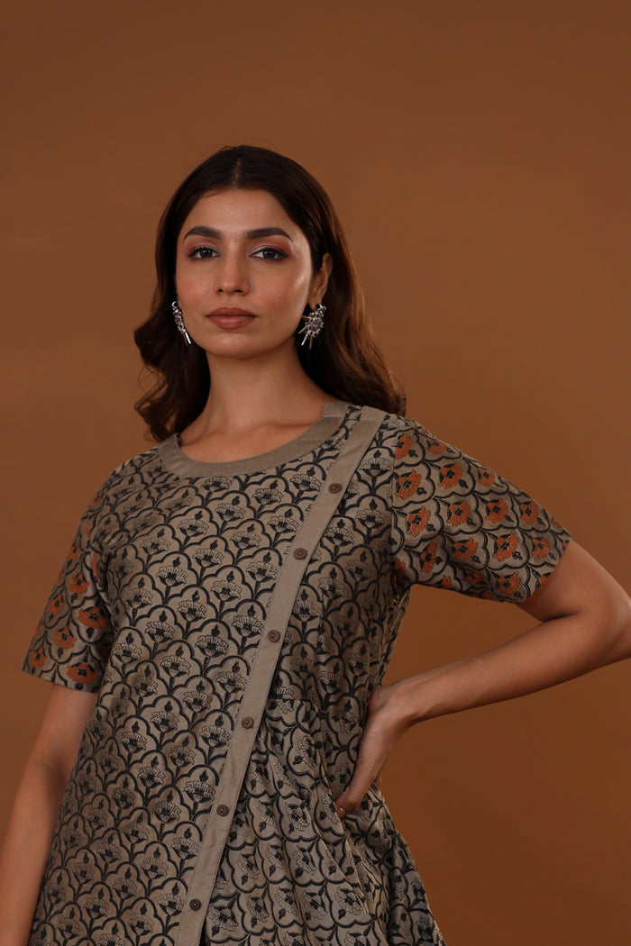 Brown Handcrafted One Side Drape Cotton Silk Chola Dress