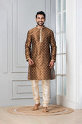 Brown Printed Dupion Silk Kurta Set