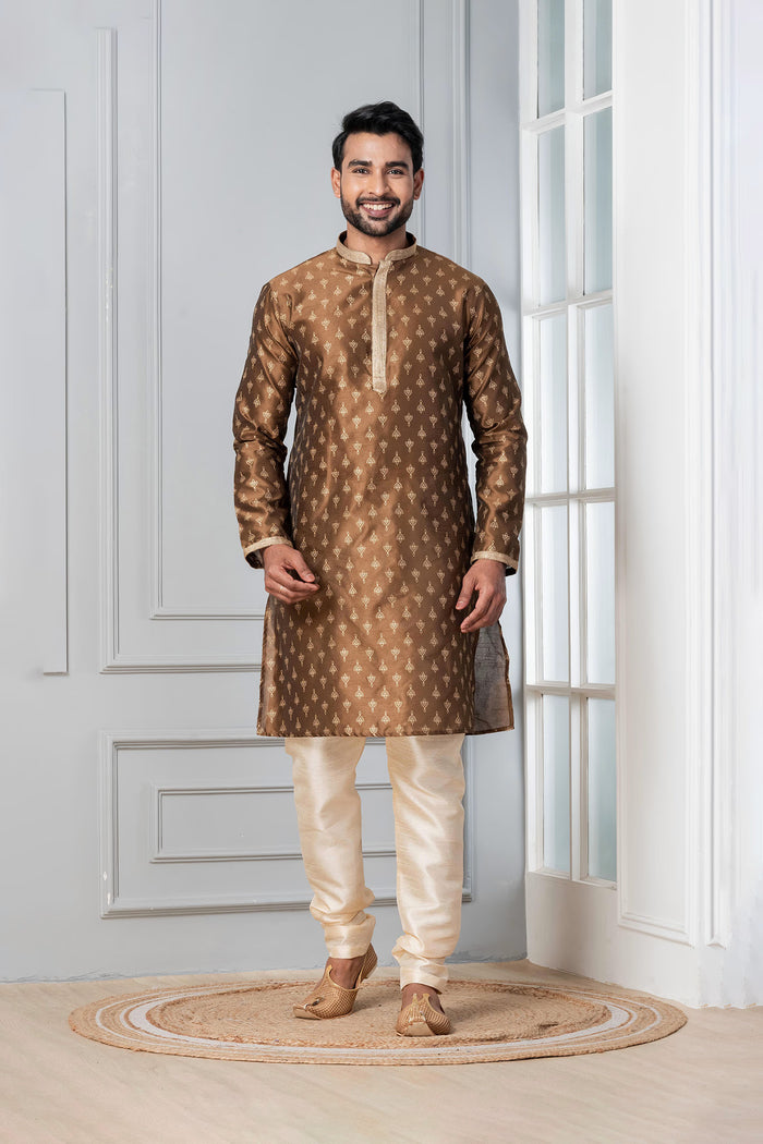 Brown Printed Dupion Silk Kurta Set