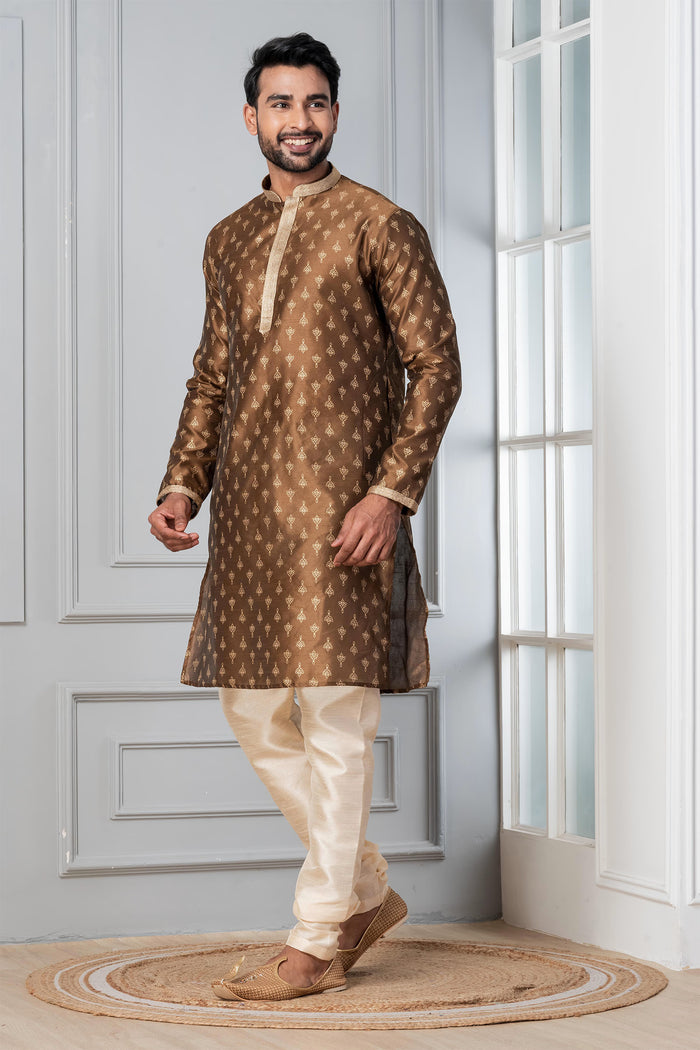 Brown Printed Dupion Silk Kurta Set