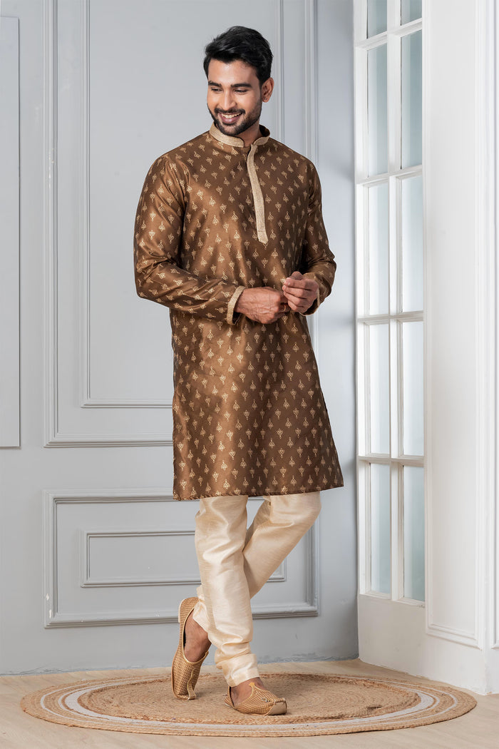 Brown Printed Dupion Silk Kurta Set