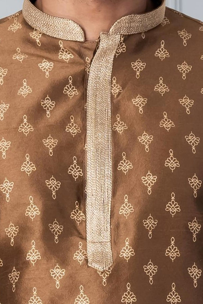 Brown Printed Dupion Silk Kurta Set