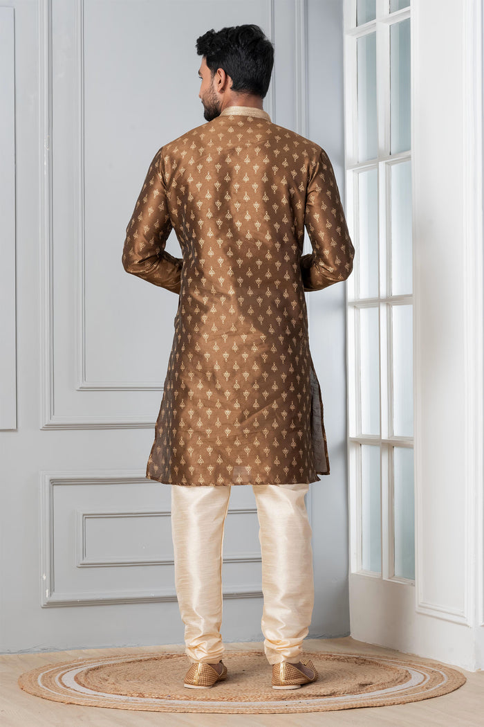 Brown Printed Dupion Silk Kurta Set