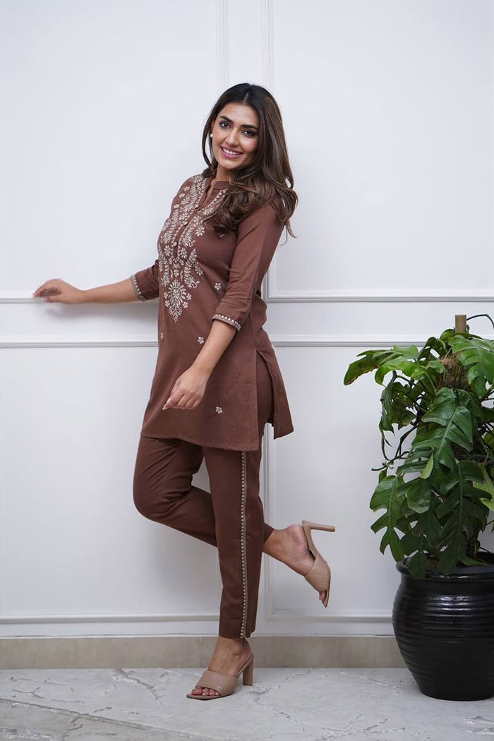 Brown Rayon Thread Embroidered Kurta Set