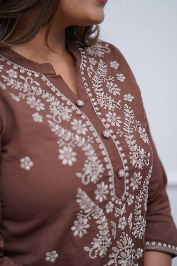 Brown Rayon Thread Embroidered Kurta Set