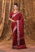 Brown Red Embroidered Silk Blend Saree