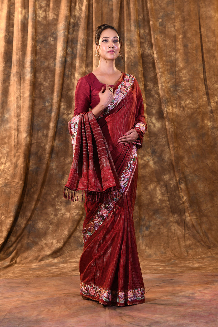 Brown Red Embroidered Silk Blend Saree