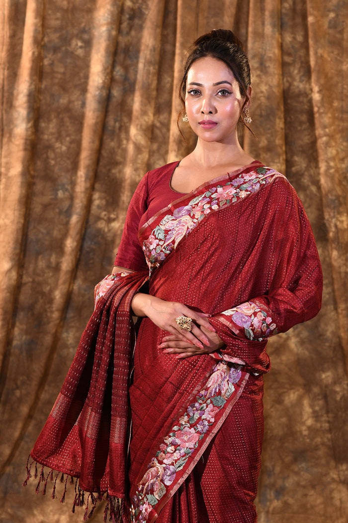 Brown Red Embroidered Silk Blend Saree