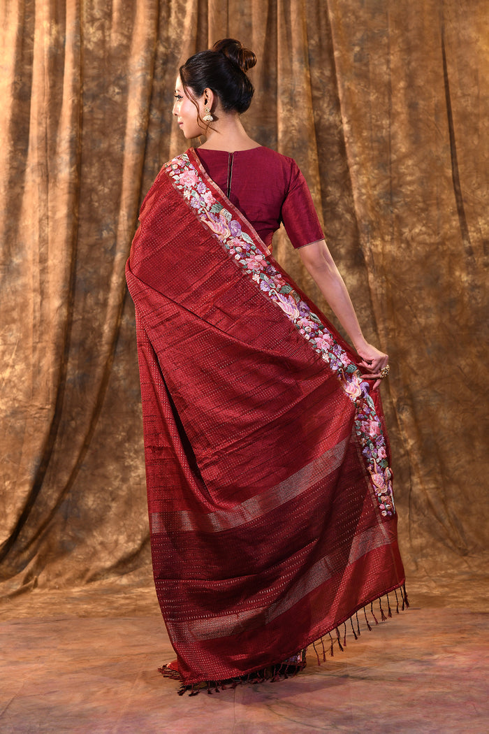 Brown Red Embroidered Silk Blend Saree
