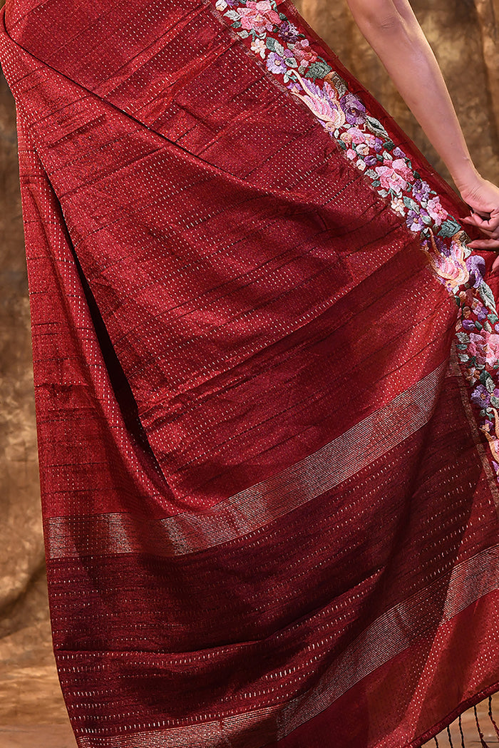 Brown Red Embroidered Silk Blend Saree