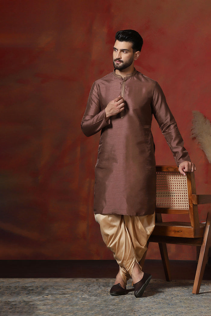 Brown Solid Dupion Kurta Set