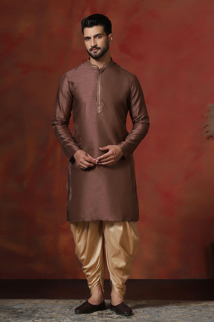 Brown Solid Dupion Kurta Set