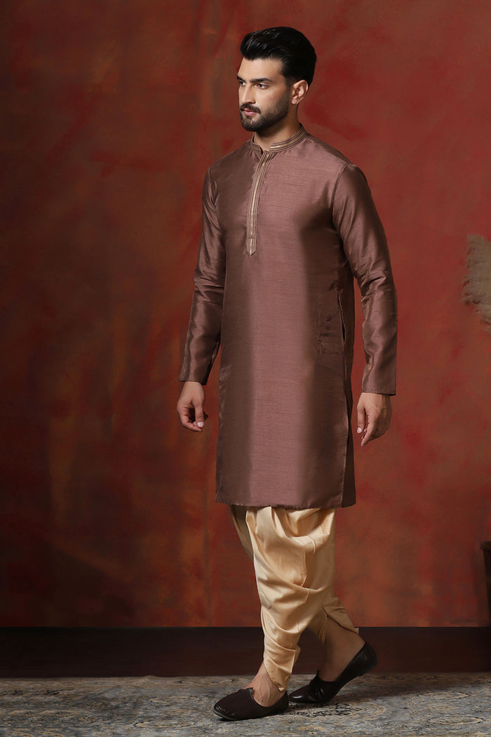 Brown Solid Dupion Kurta Set