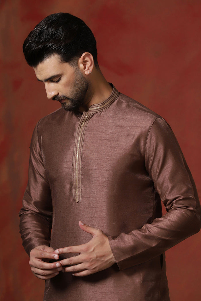 Brown Solid Dupion Kurta Set