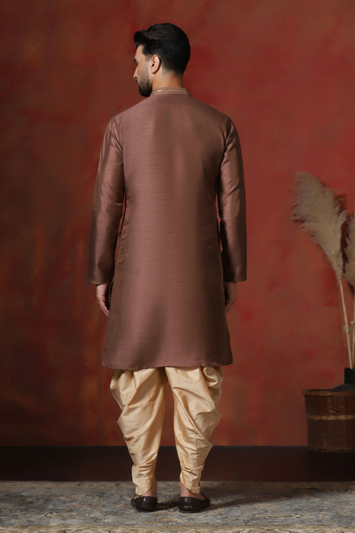 Brown Solid Dupion Kurta Set