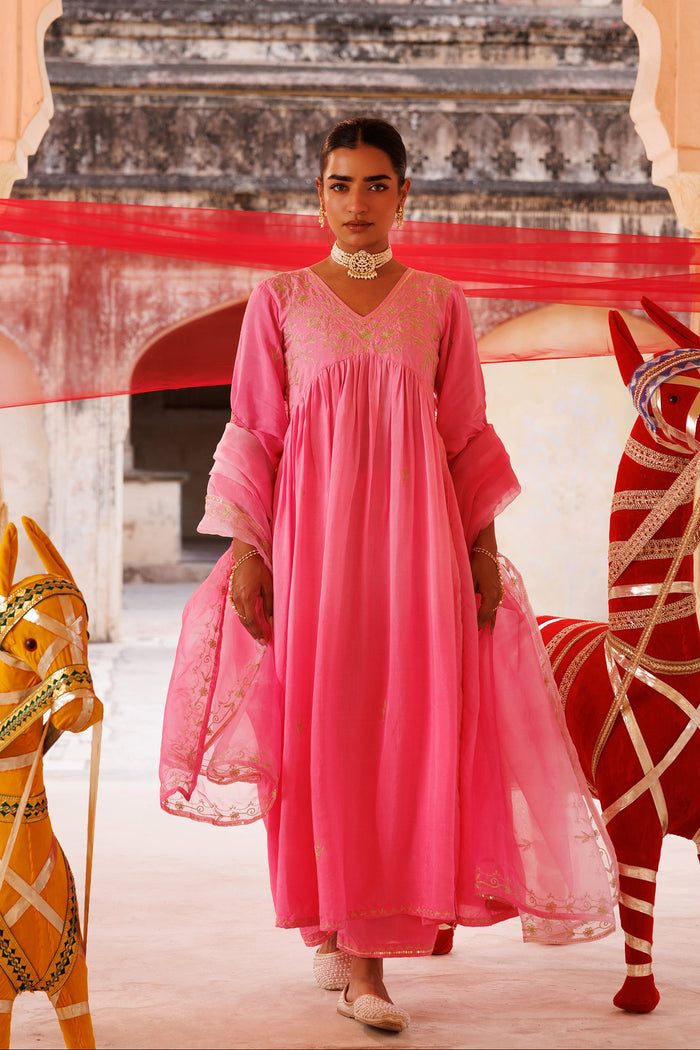 Bubblegum Pink Chanderi Anarkali With Golden Embroidery
