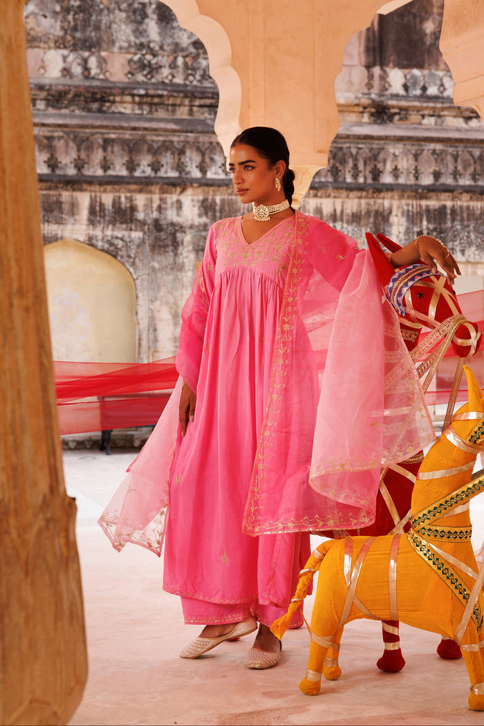 Bubblegum Pink Chanderi Anarkali With Golden Embroidery
