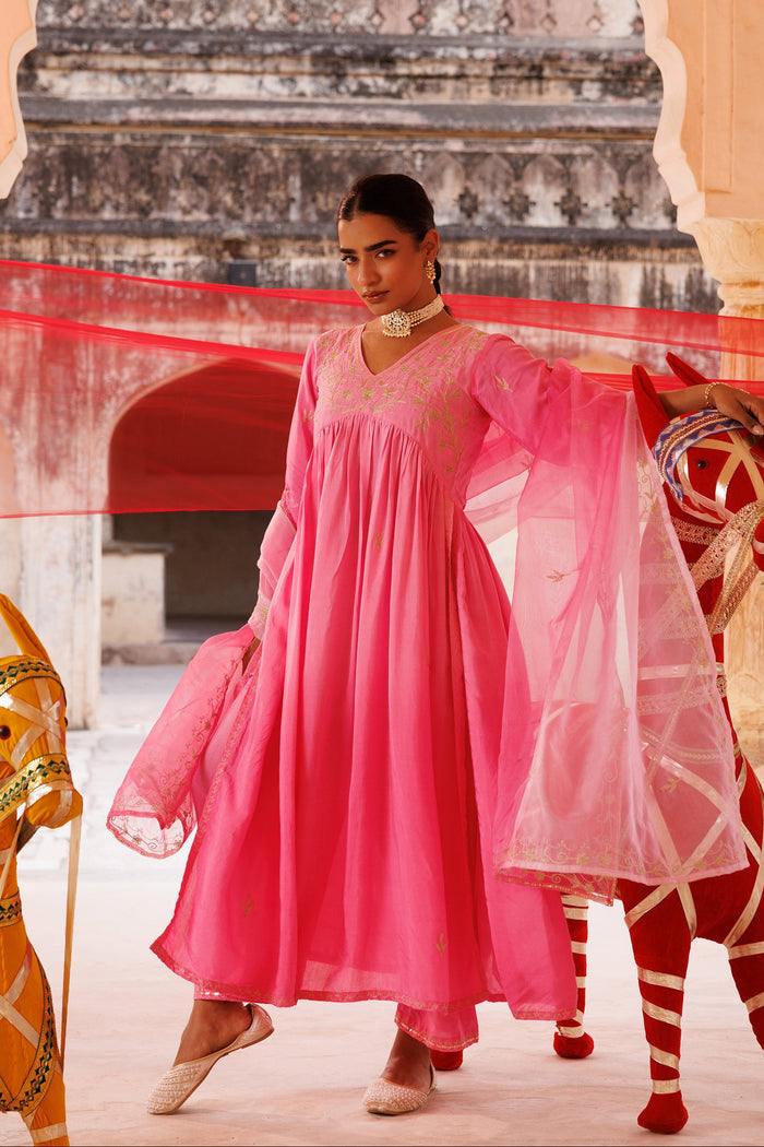 Bubblegum Pink Chanderi Anarkali With Golden Embroidery