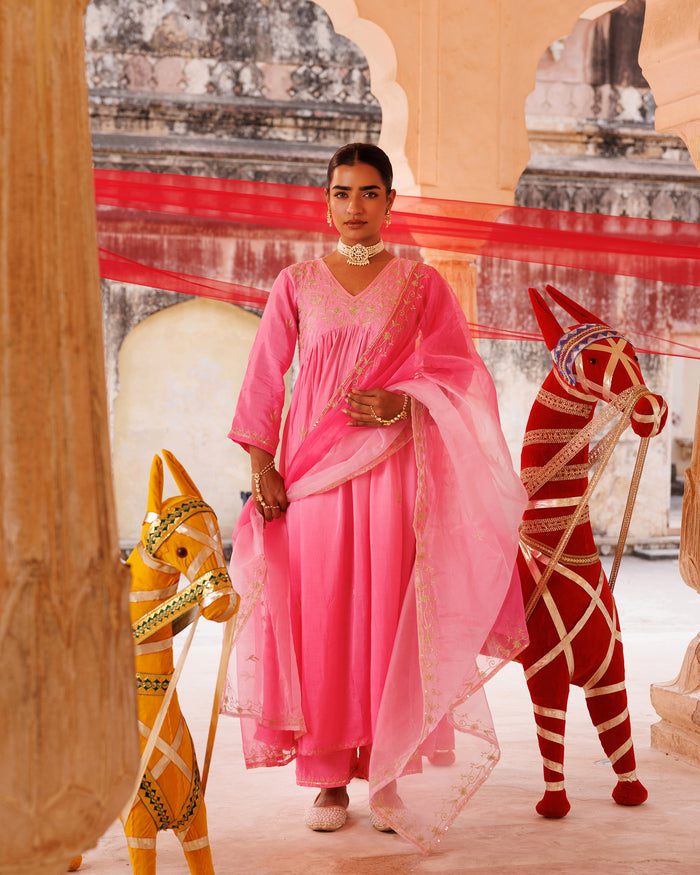 Bubblegum Pink Chanderi Anarkali With Golden Embroidery