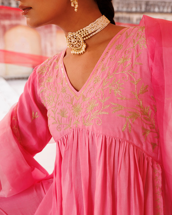 Bubblegum Pink Chanderi Anarkali With Golden Embroidery