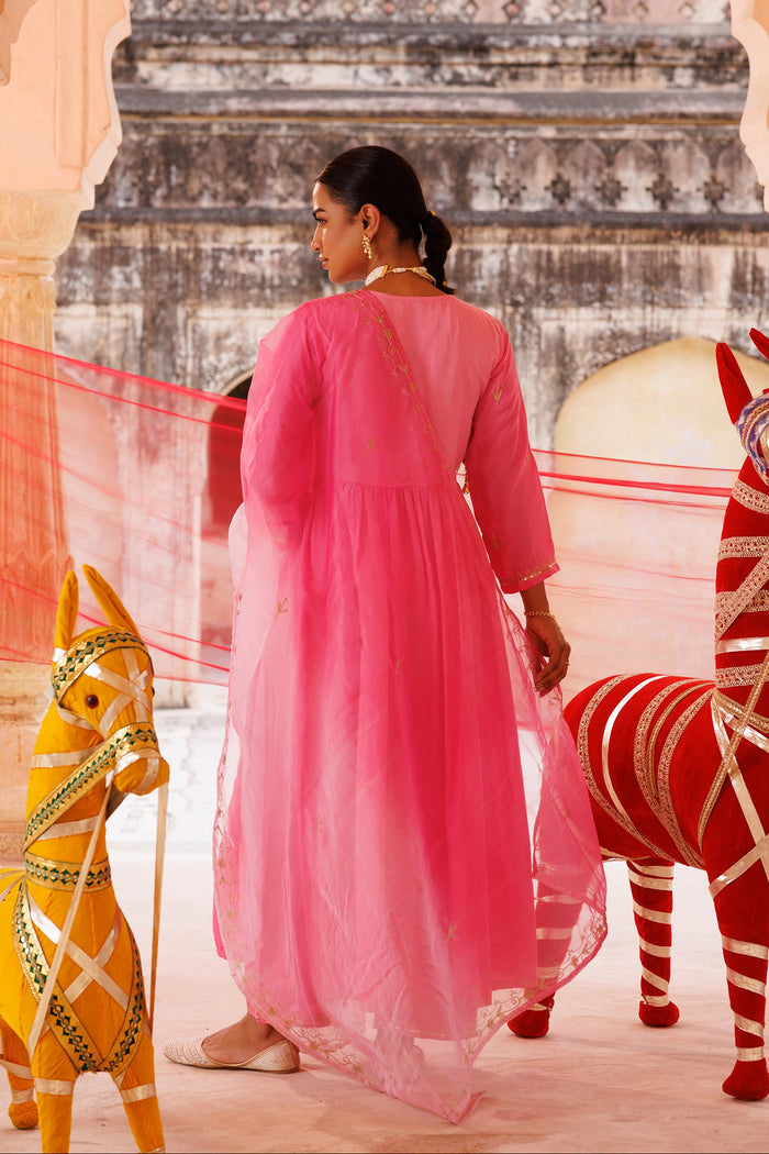 Bubblegum Pink Chanderi Anarkali With Golden Embroidery