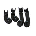 A set of black car seat adapters designed for use with strollers, including components for attachment and installation.