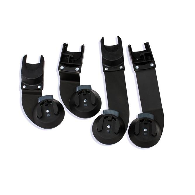 A set of black car seat adapters designed for use with strollers, including components for attachment and installation.