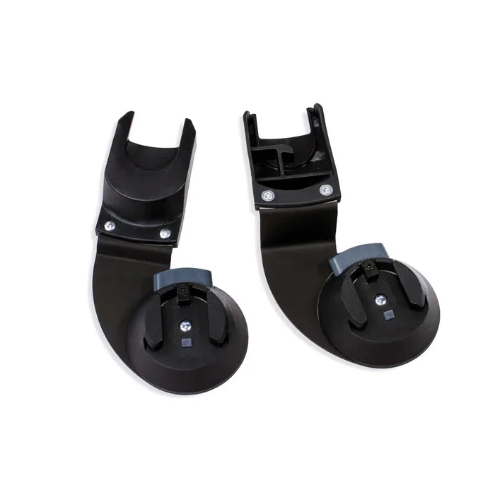 A black car seat adapter designed for use with strollers, showing two separate pieces that attach to stroller frame