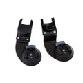 A black car seat adapter designed for use with strollers, showing two separate pieces that attach to stroller frame
