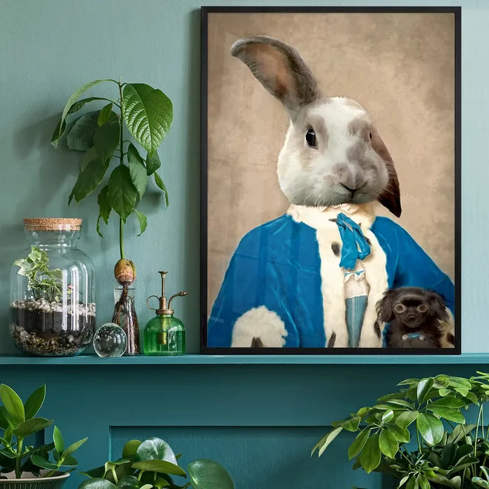 Bunny Rabbit Portrait Print, quirky altered art print black framed on a living room shelf