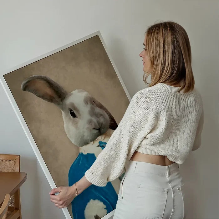 Bunny Rabbit Portrait Print held up against a living room wall