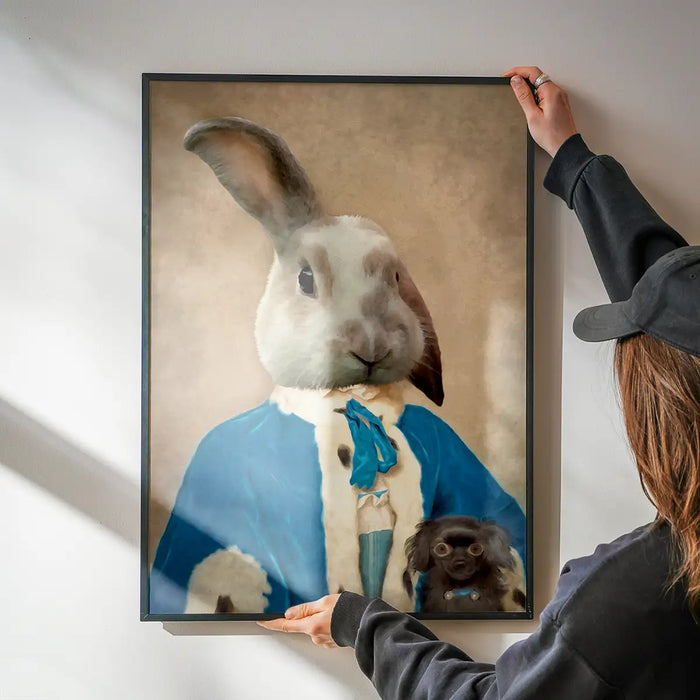 Bunny Rabbit Portrait Print being hung on a wall in a black frame