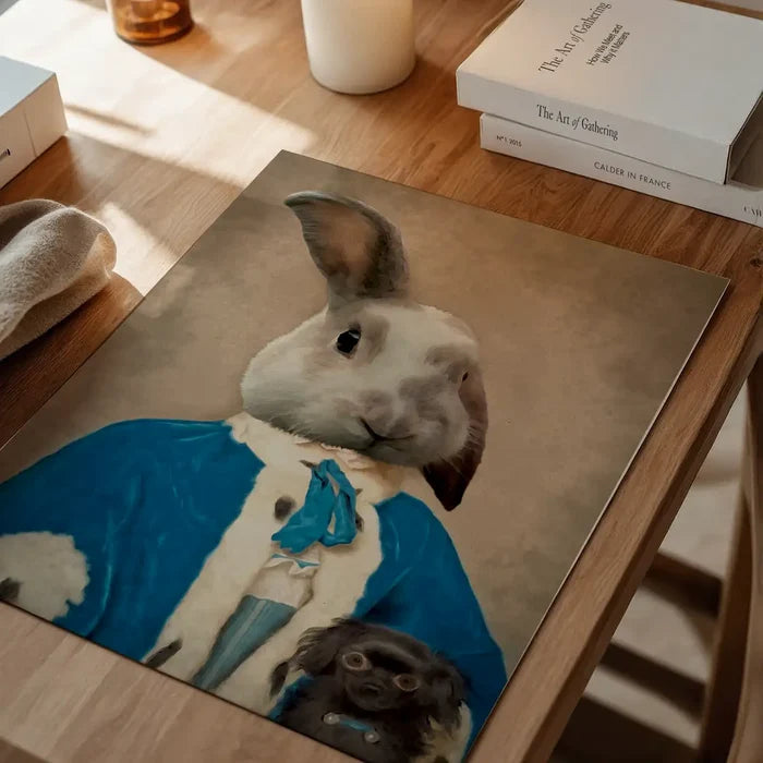 Bunny Rabbit Portrait Print, quirky altered art print unframed on a home office desk