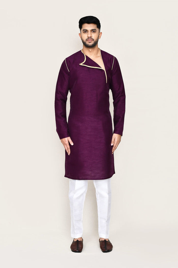 Burgundy Art Silk Kurta Set With Designer Neck