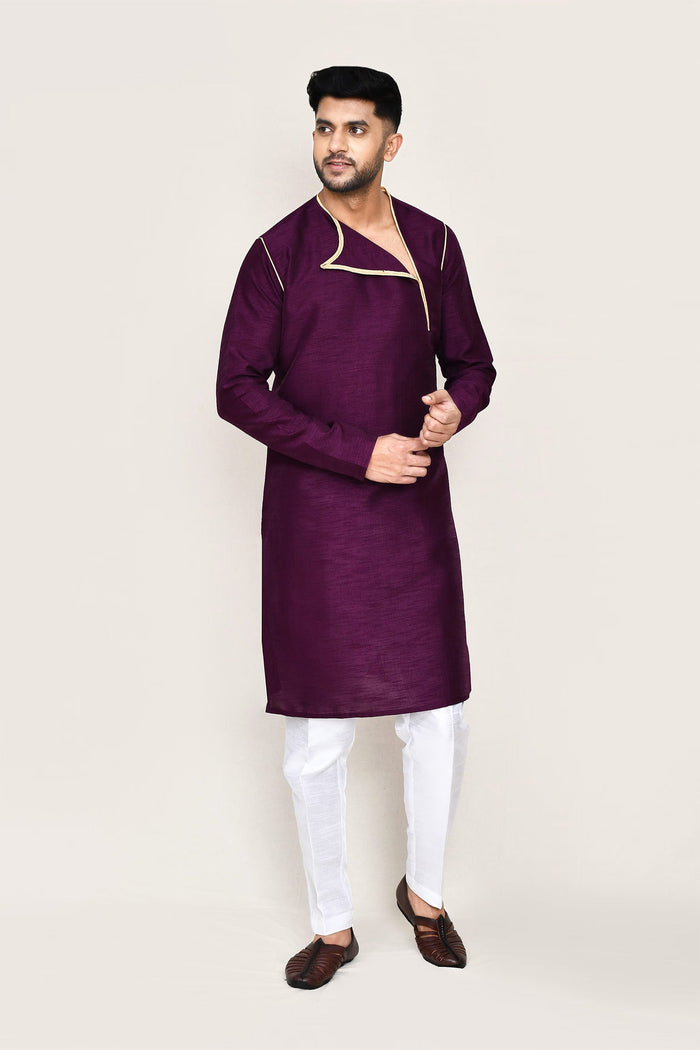 Burgundy Art Silk Kurta Set With Designer Neck