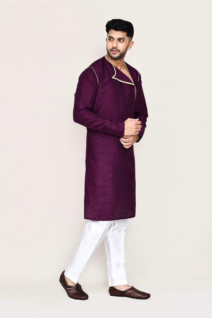 Burgundy Art Silk Kurta Set With Designer Neck