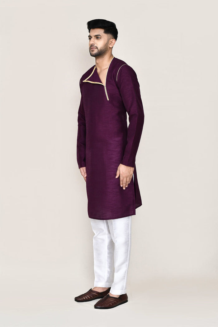 Burgundy Art Silk Kurta Set With Designer Neck