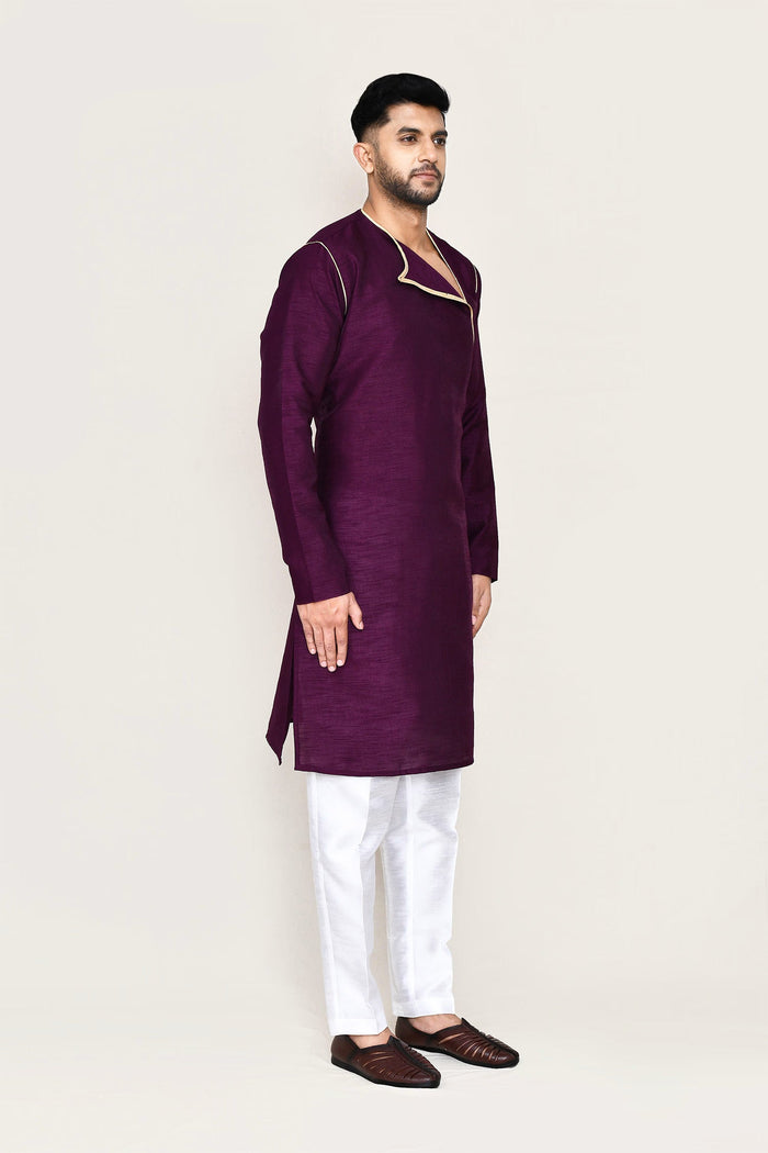 Burgundy Art Silk Kurta Set With Designer Neck
