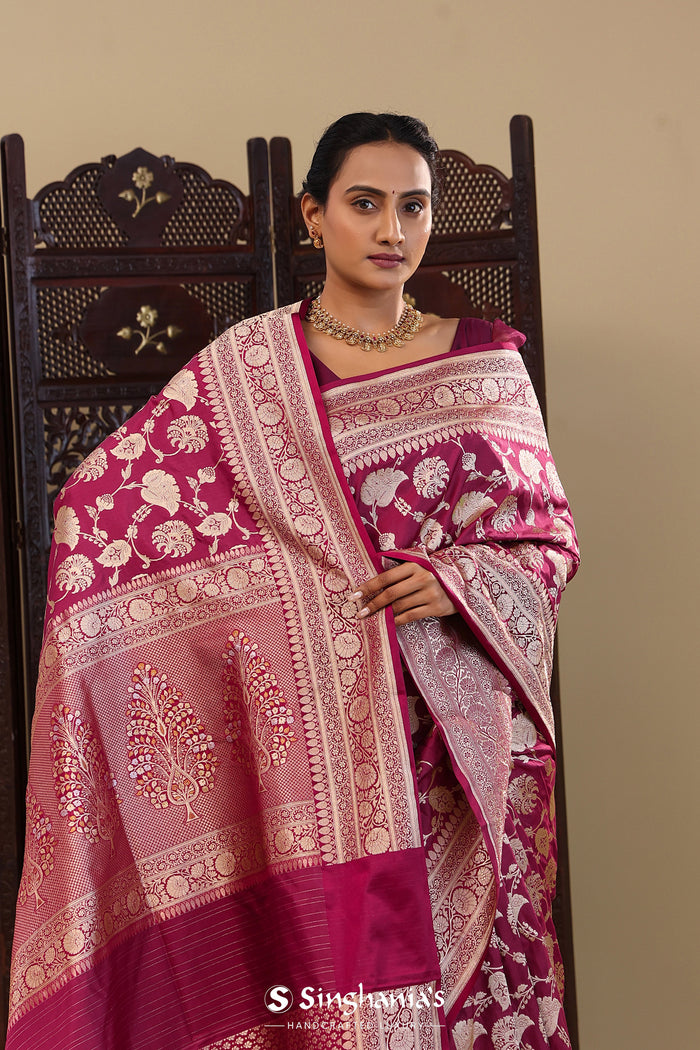 Burgundy Banarasi Silk Saree With Self Border