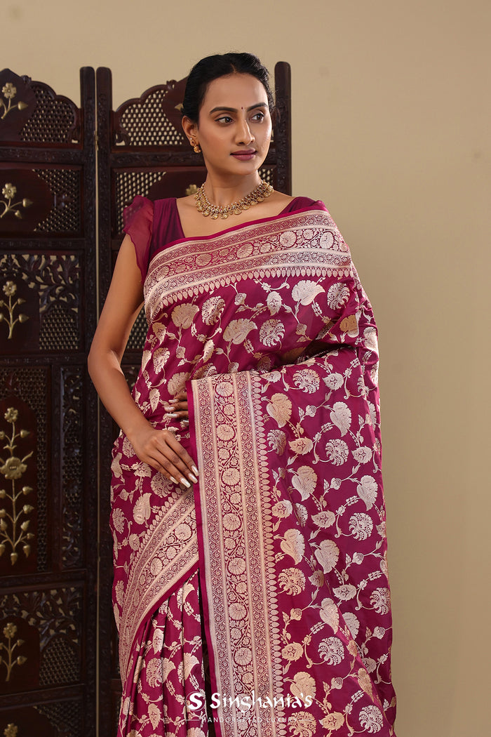 Burgundy Banarasi Silk Saree With Self Border