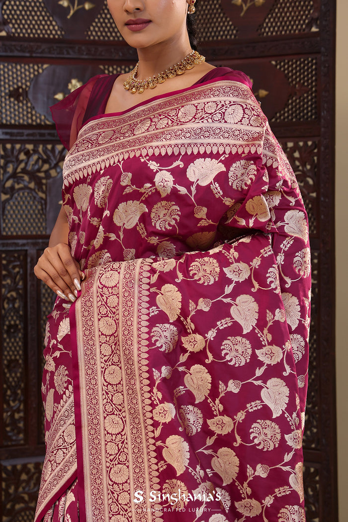 Burgundy Banarasi Silk Saree With Self Border