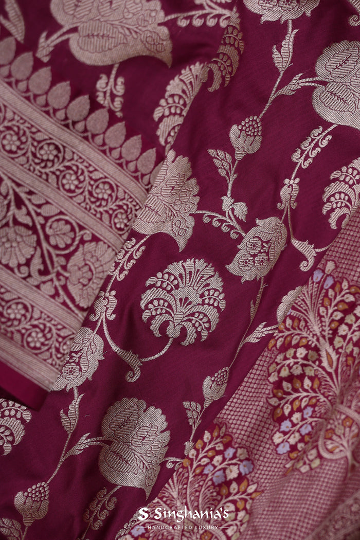 Burgundy Banarasi Silk Saree With Self Border